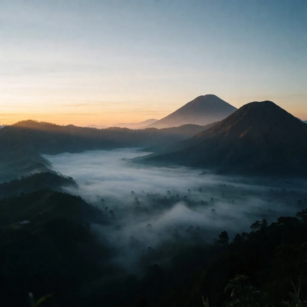 Misty volcanic ridgeline at dusk in central Java