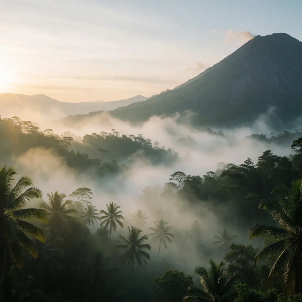 Misty mountain ridgelines at dusk in Yogyakarta