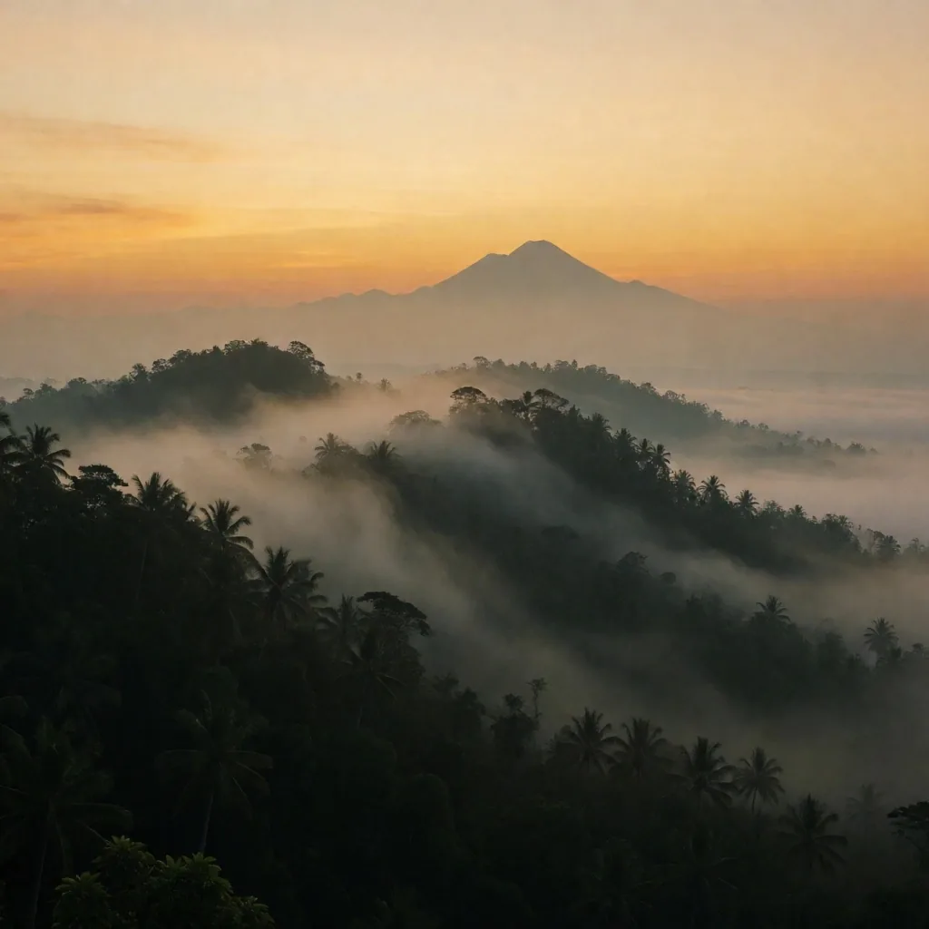 Misty hills near Yogyakarta at dusk