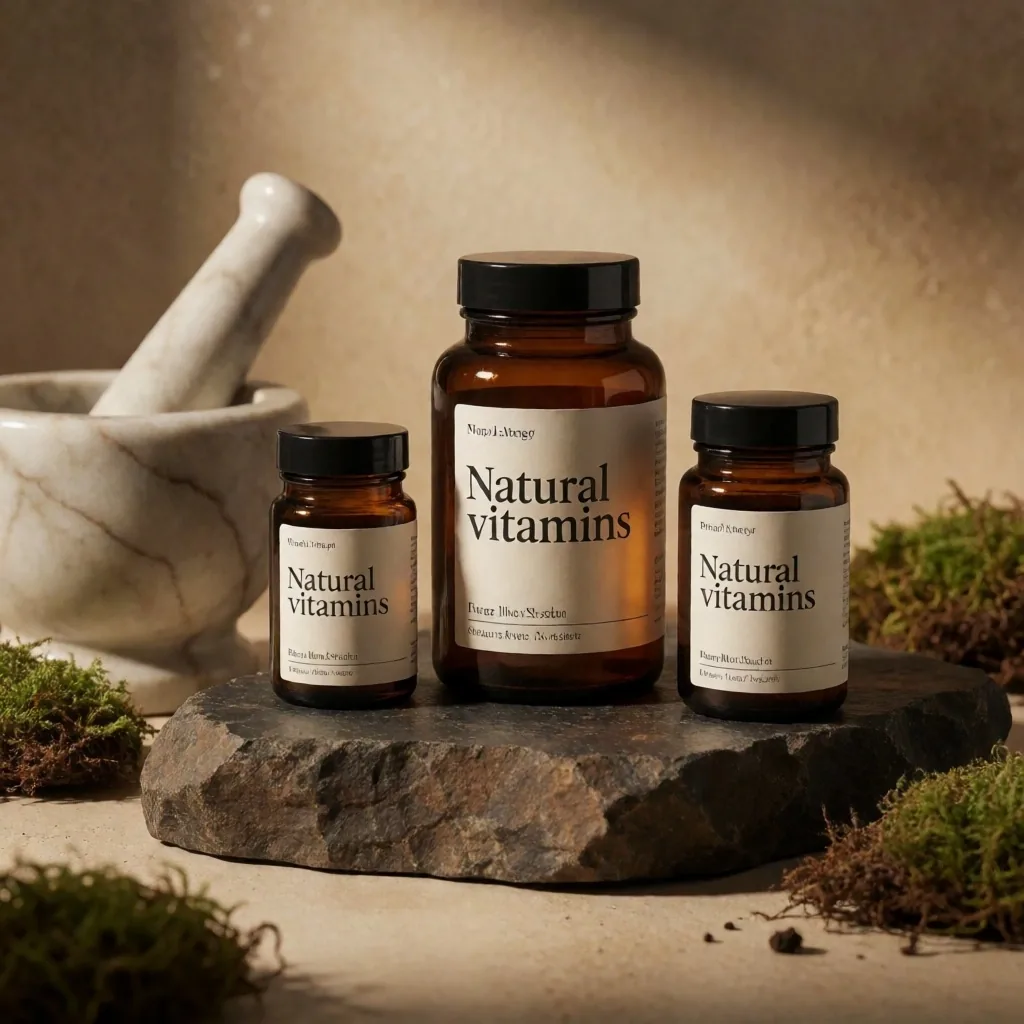 Amber glass supplement bottles on stone with a mortar and pestle