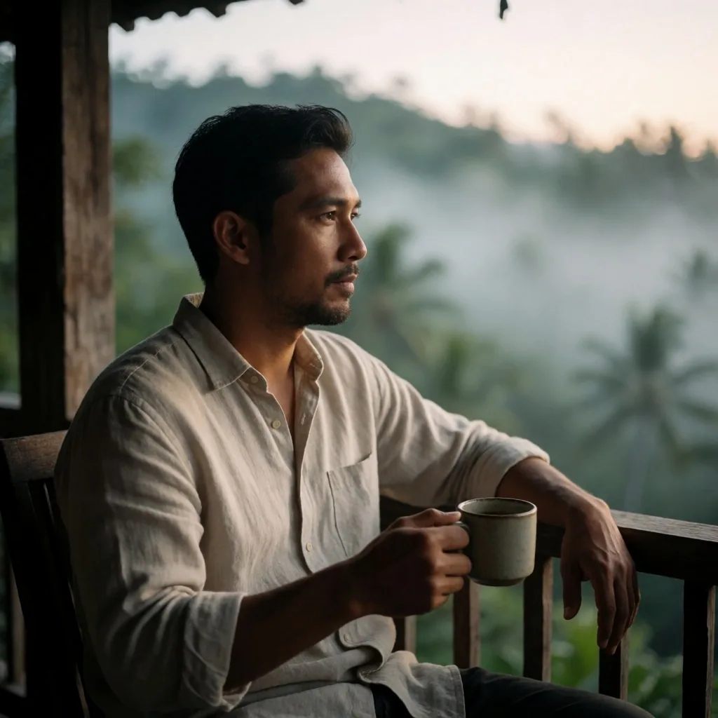Man resting on a lodge balcony overlooking misty hills at dawn
