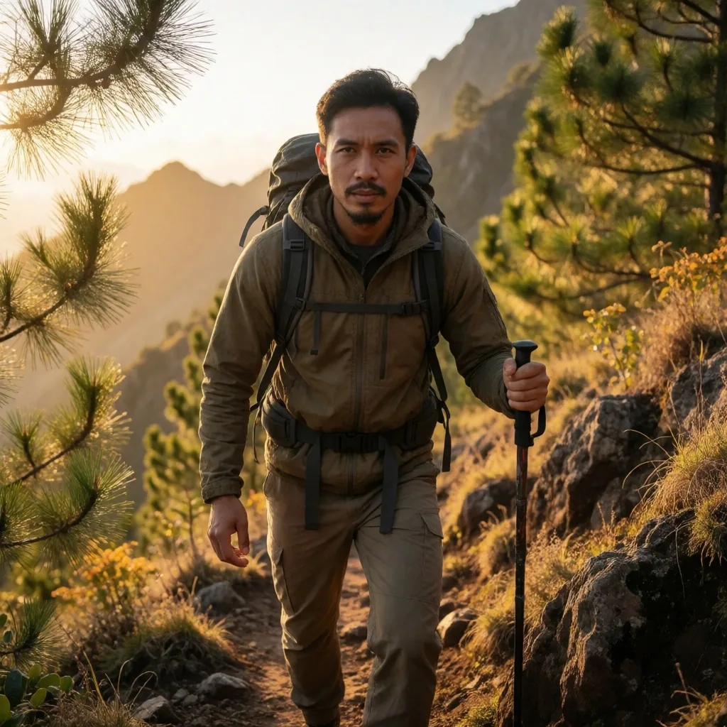Man walking a forested mountain trail at golden hour