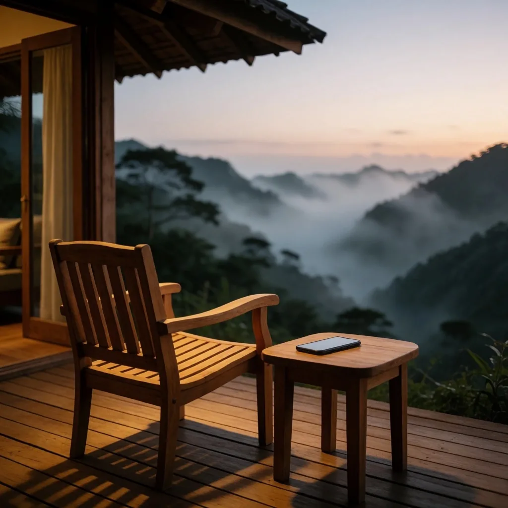 Empty lodge veranda overlooking mountains at dusk