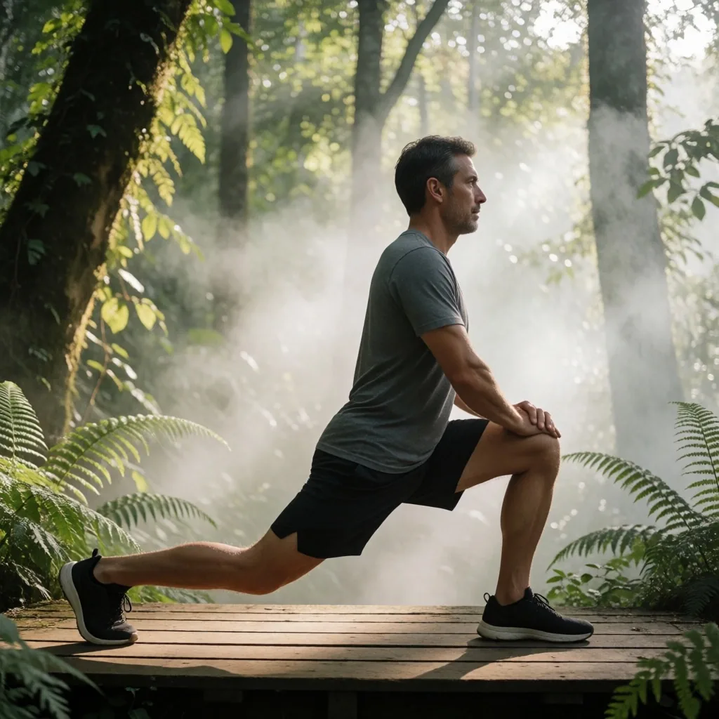 Man hiking on a misty forest trail at dawn