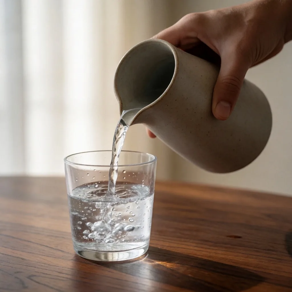 Water poured into a glass on a wooden table